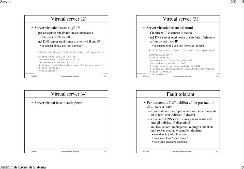 31> DocumentRoot /home/httpd/sito1 ServerName nome_del_sito2 # lista di dichiarazioni specifiche per questo # sito virtuale </VirtualHost> 2014-15 Amministrazione di Sistema 57 Virtual server (3)