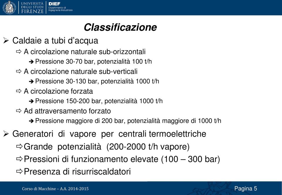 Ad attraversamento forzato Pressione maggiore di 200 bar, potenzialità maggiore di 1000 t/h Generatori di vapore per centrali