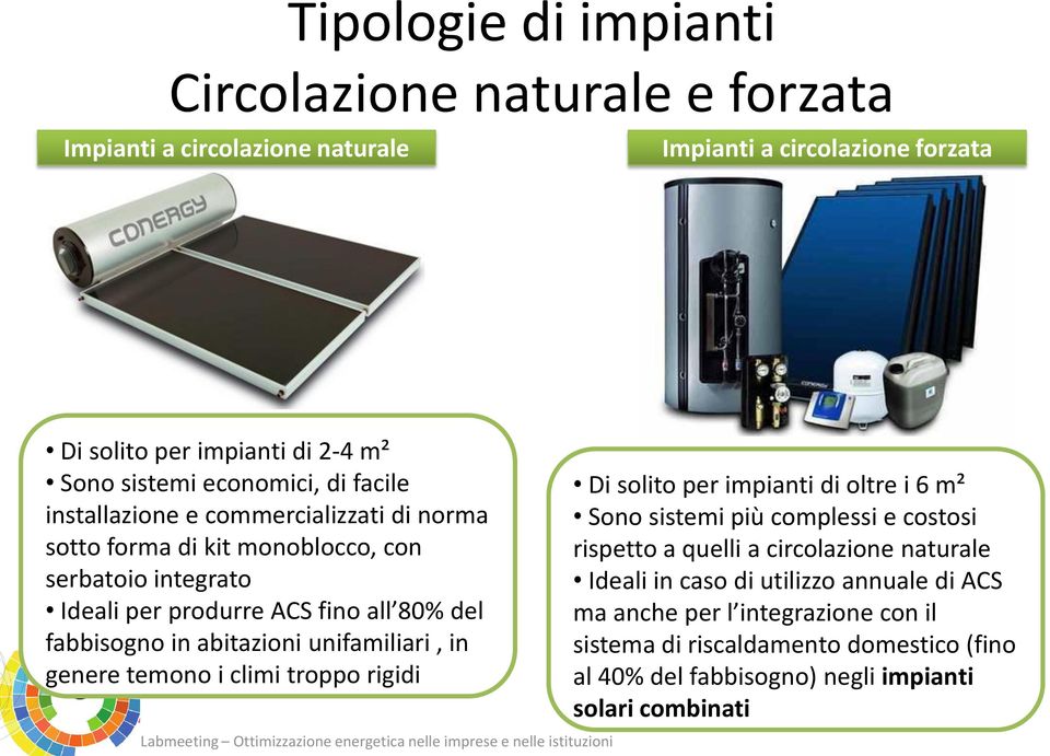 abitazioni unifamiliari, in genere temono i climi troppo rigidi Di solito per impianti di oltre i 6 m² Sono sistemi più complessi e costosi rispetto a quelli a circolazione