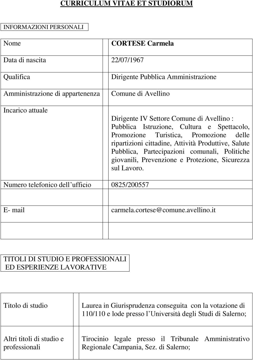 Pubblica, Partecipazioni comunali, Politiche giovanili, Prevenzione e Protezione, Sicurezza sul Lavoro. Numero telefonico dell ufficio 0825/200557 E- mail carmela.cortese@comune.avellino.