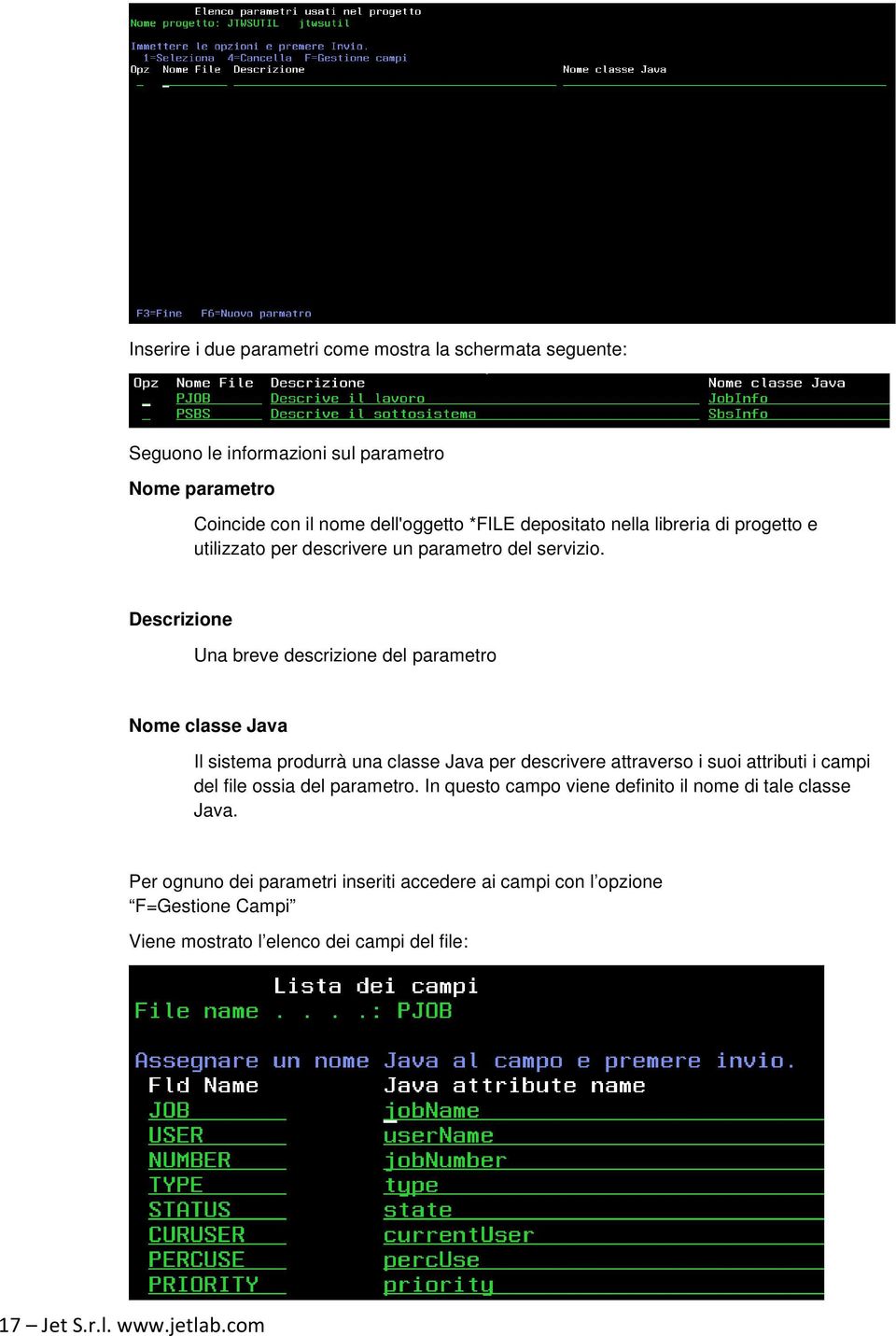 Descrizione Una breve descrizione del parametro Nome classe Java Il sistema produrrà una classe Java per descrivere attraverso i suoi attributi i campi del file