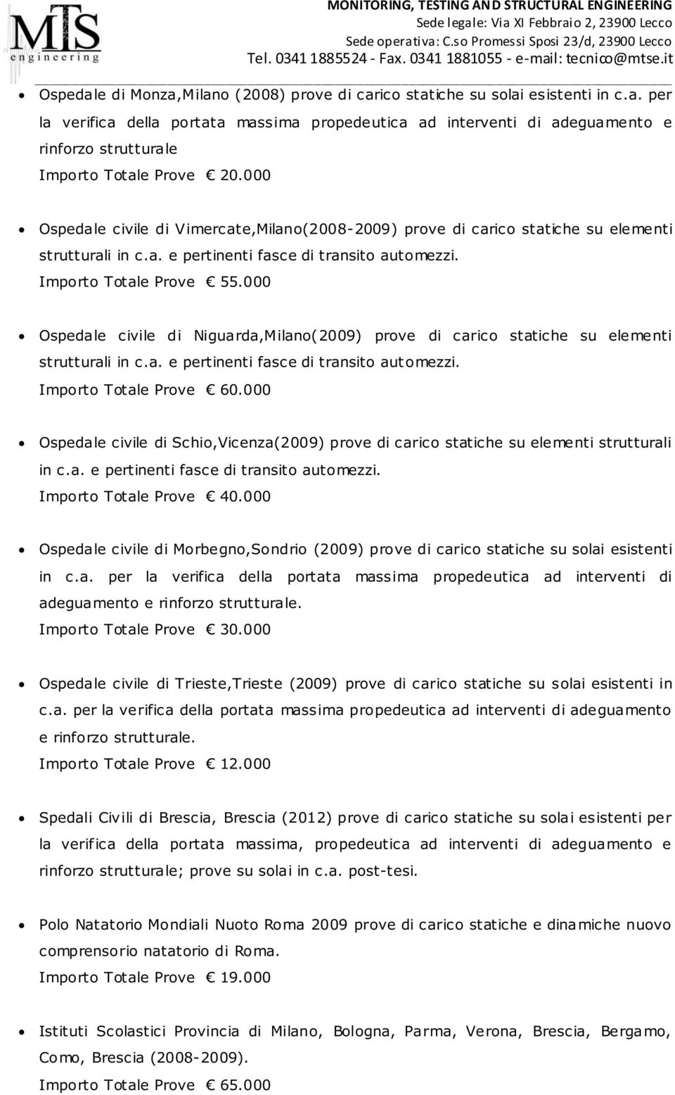 000 Ospedale civile di Niguarda,Milano(2009) prove di carico statiche su elementi strutturali in c.a. e pertinenti fasce di transito automezzi. Importo Totale Prove 60.