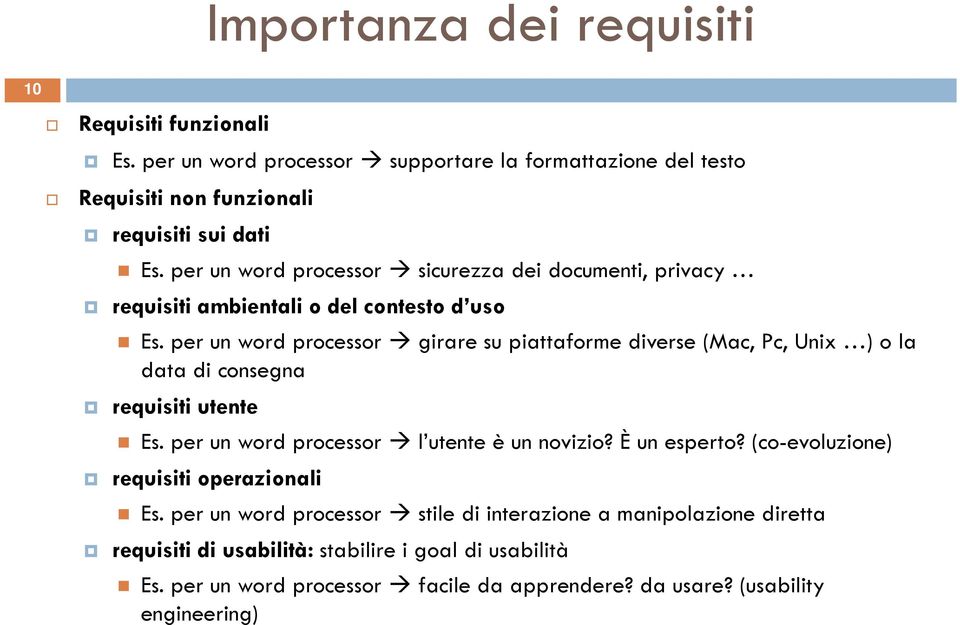 per un word processor girare su piattaforme diverse (Mac, Pc, Unix ) o la data di consegna requisiti utente Es. per un word processor l utente è un novizio? È un esperto?