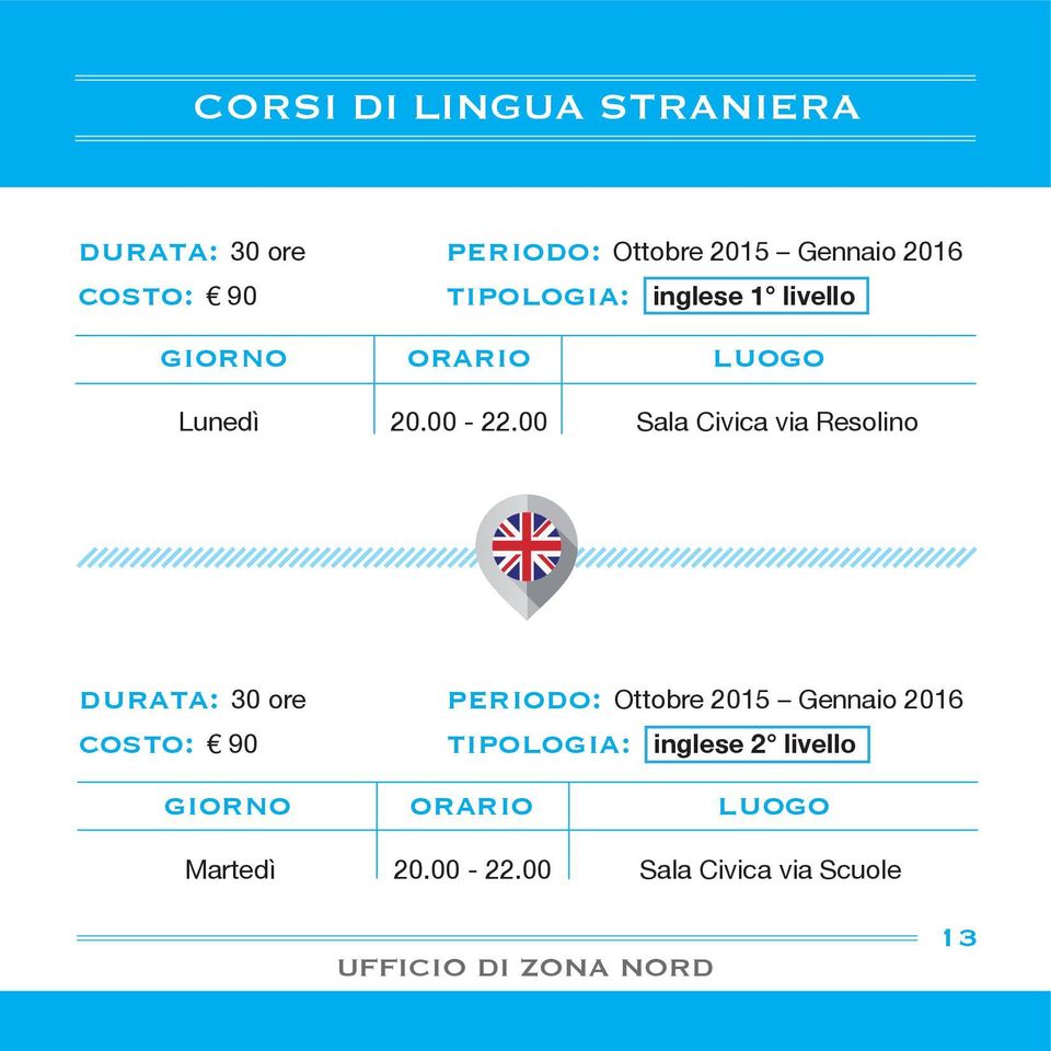 00 Sala Civica via Resolino durata: 30 ore periodo: Ottobre 2015 Gennaio