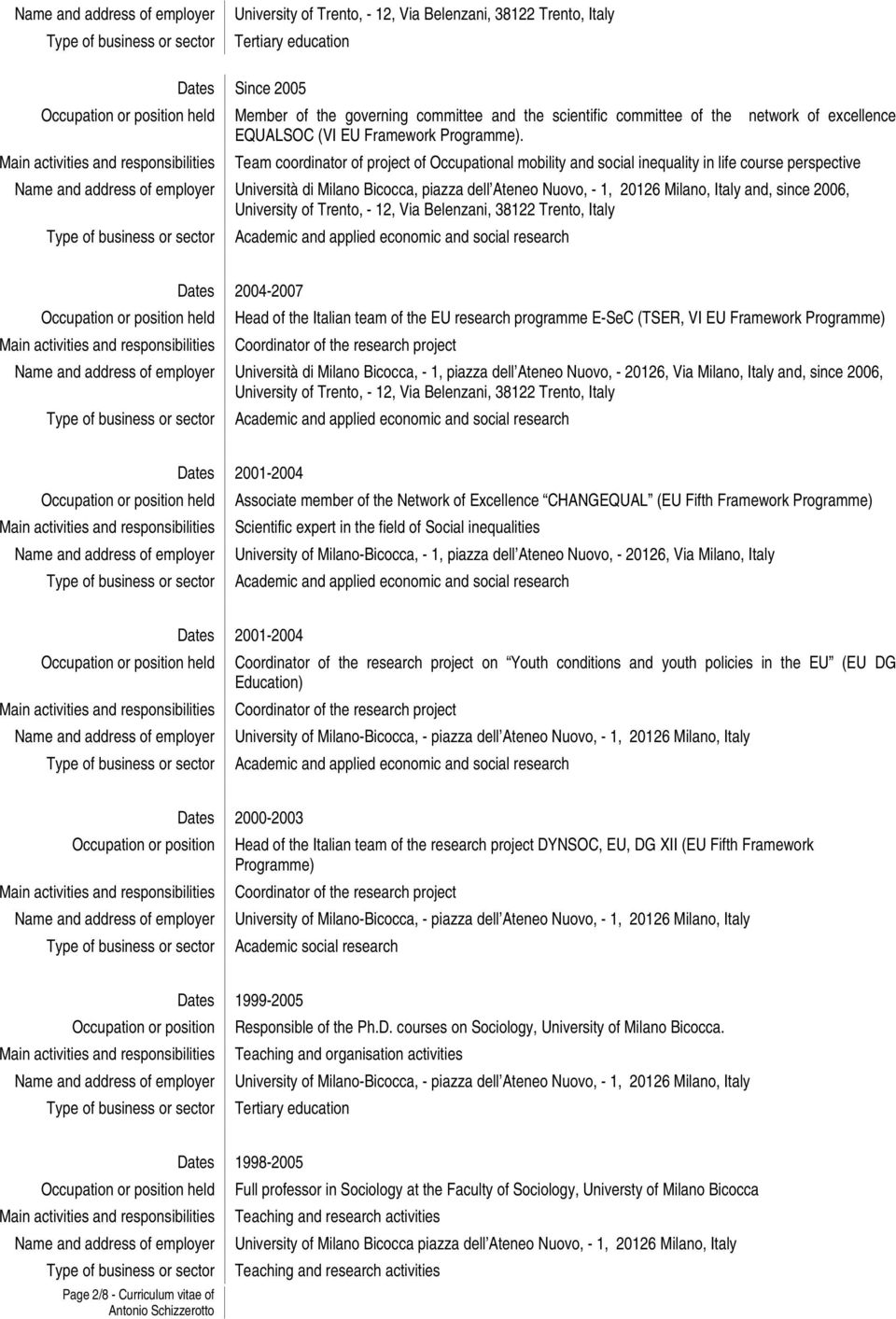 Team coordinator of project of Occupational mobility and social inequality in life course perspective Università di Milano Bicocca, piazza dell Ateneo Nuovo, - 1, 20126 Milano, Italy and, since 2006,