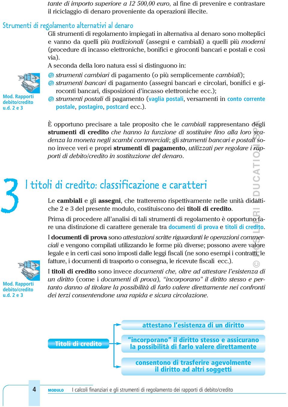 moderni (procedure di incasso elettroniche, bonifici e giroconti bancari e postali e così via). A seconda della loro natura essi si distinguono in: Mod. Rapporti debito/credito u.d. e 3 strumenti