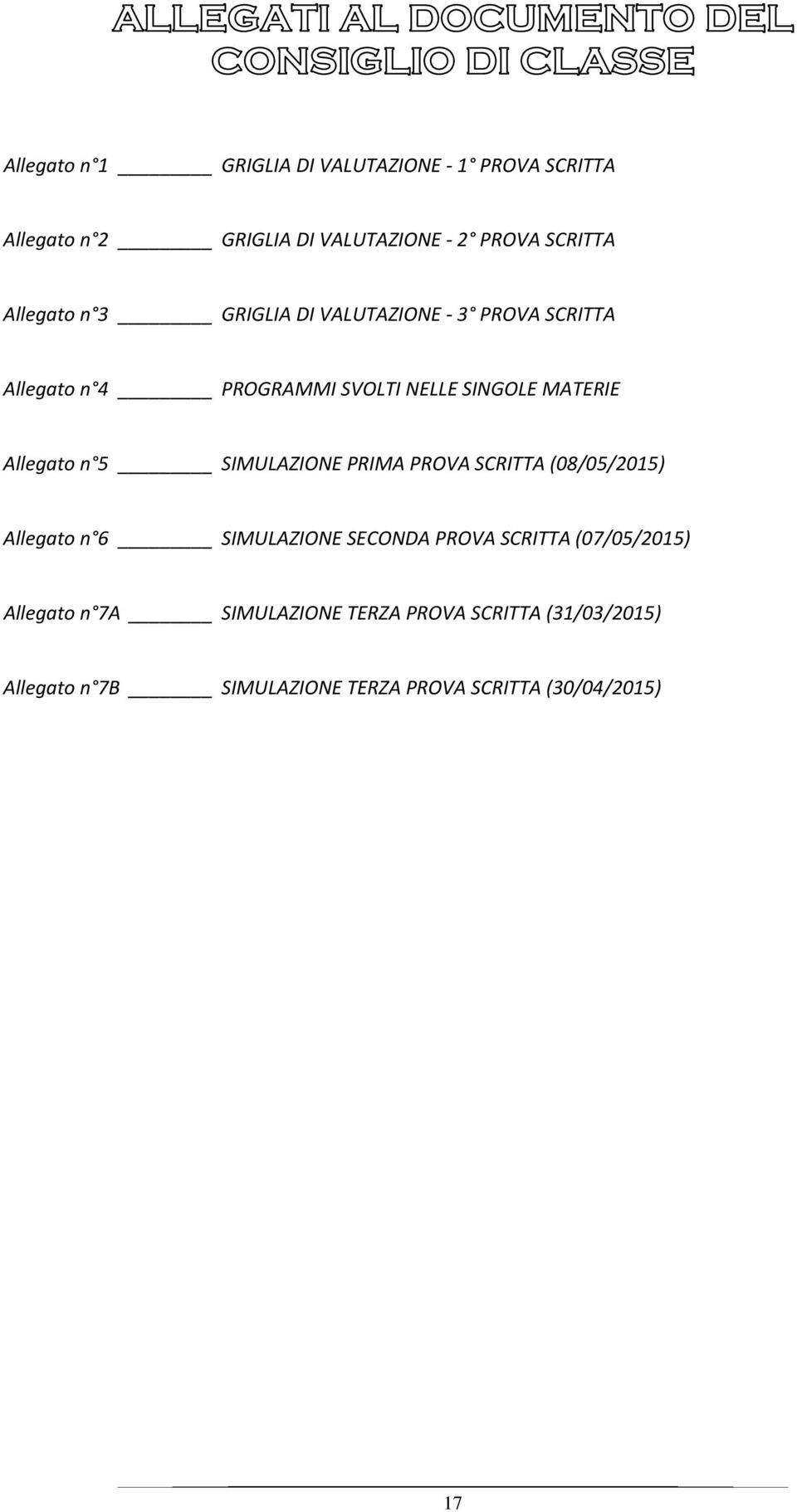 Allegato n 5 SIMULAZIONE PRIMA PROVA SCRITTA (08/05/2015) Allegato n 6 SIMULAZIONE SECONDA PROVA SCRITTA