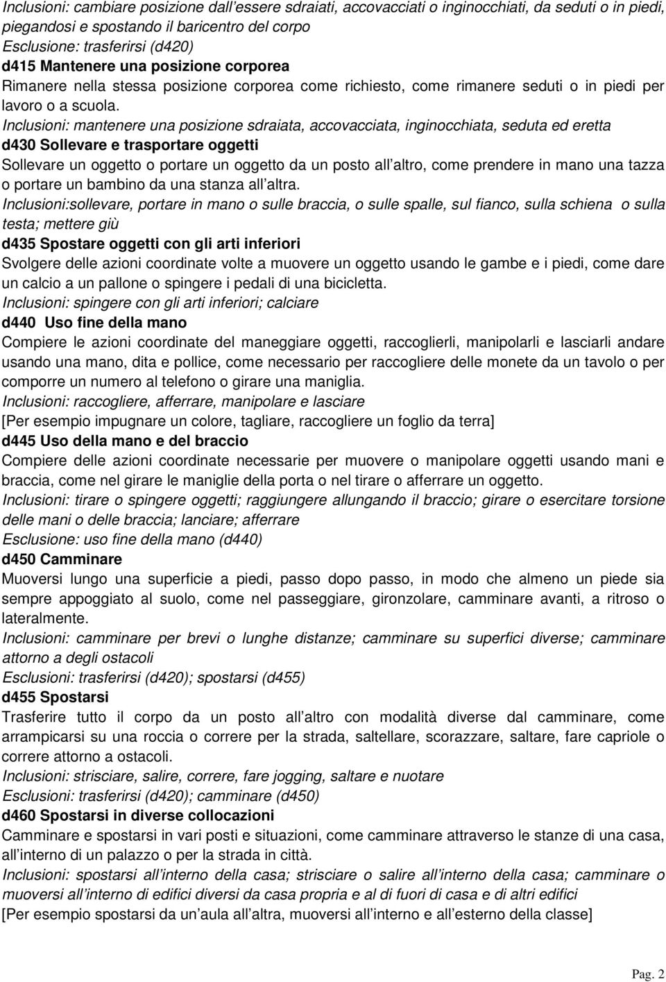 Inclusioni: mantenere una posizione sdraiata, accovacciata, inginocchiata, seduta ed eretta d430 Sollevare e trasportare oggetti Sollevare un oggetto o portare un oggetto da un posto all altro, come