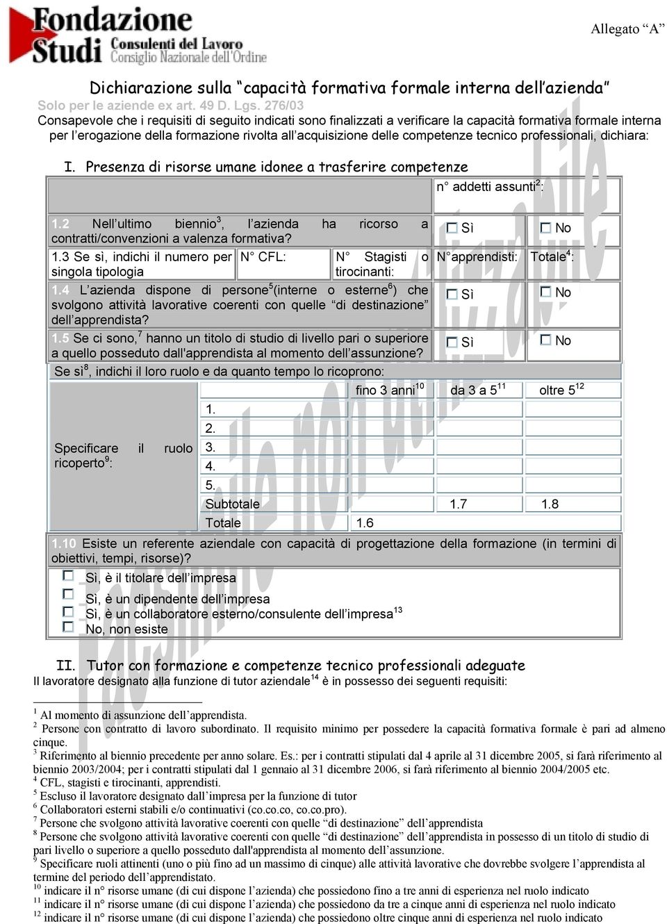 tecnico professionali, dichiara: I. Presenza di risorse umane idonee a trasferire competenze 1.1 Le dimensioni dell organico 1 n addetti assunti 2 : 1.