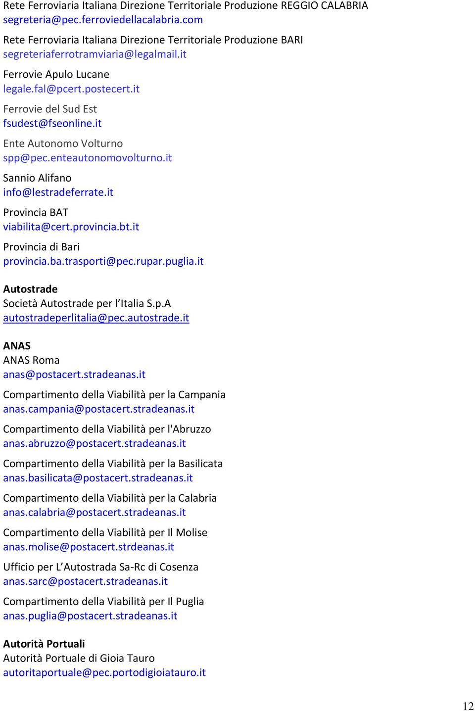 it Ente Autonomo Volturno spp@pec.enteautonomovolturno.it Sannio Alifano info@lestradeferrate.it Provincia BAT viabilita@cert.provincia.bt.it Provincia di Bari provincia.ba.trasporti@pec.rupar.puglia.