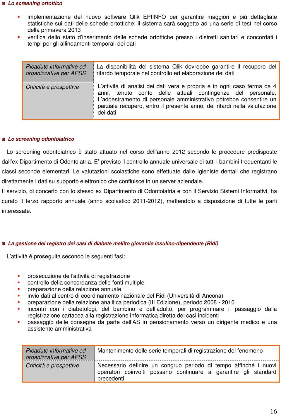 informative ed organizzative per APSS La disponibilità del sistema Qlik dovrebbe garantire il recupero del ritardo temporale nel controllo ed elaborazione dei dati Criticità e prospettive L attività