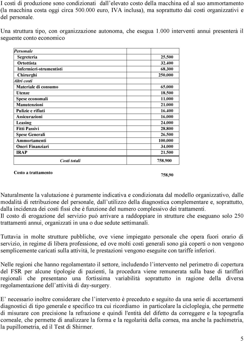 000 interventi annui presenterà il seguente conto economico Personale Segreteria 25.500 Ortottista 32.400 Infermieri-strumentisti 68.300 Chirurghi 250.000 Altri costi 0 Materiale di consumo 65.