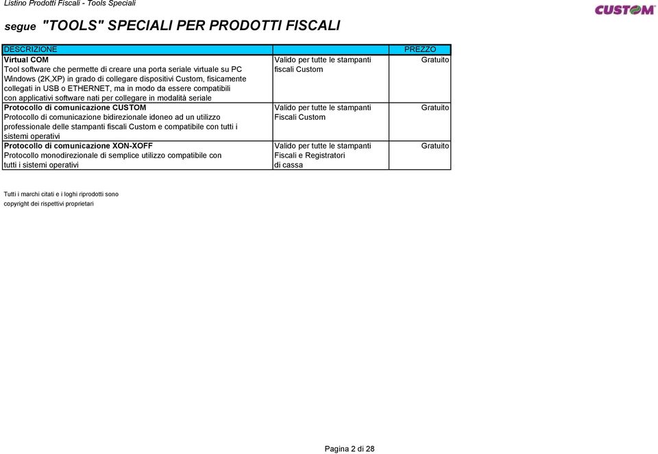 software nati per collegare in modalità seriale Protocollo di comunicazione CUSTOM Valido per tutte le stampanti Gratuito Protocollo di comunicazione bidirezionale idoneo ad un utilizzo Fiscali