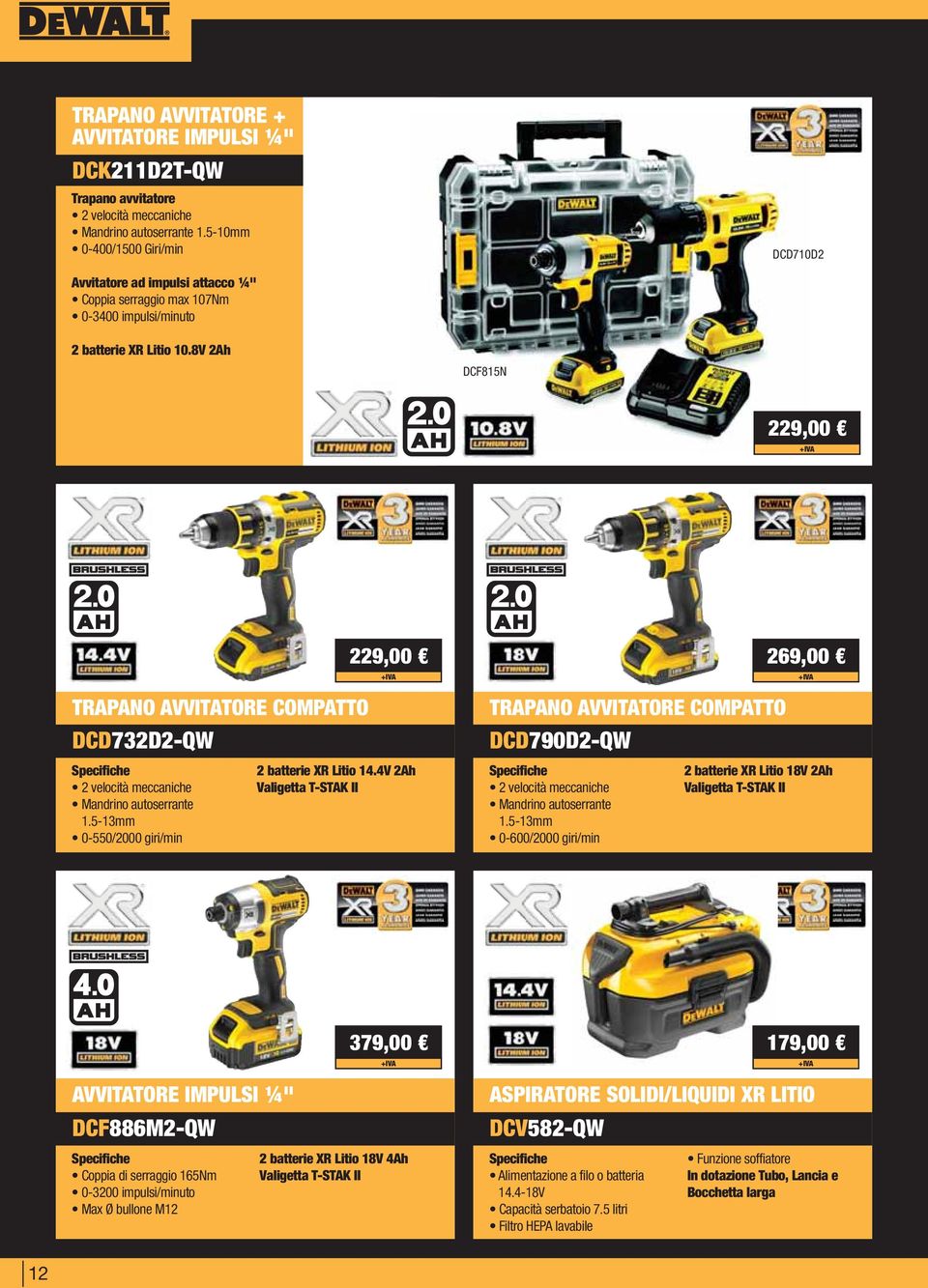 8V 2Ah DCF815N 229,00 TRAPANO AVVITATORE COMPATTO DCD732D2-QW 229,00 TRAPANO AVVITATORE COMPATTO DCD790D2-QW 269,00 Specifiche 2 velocità meccaniche Mandrino autoserrante 1.