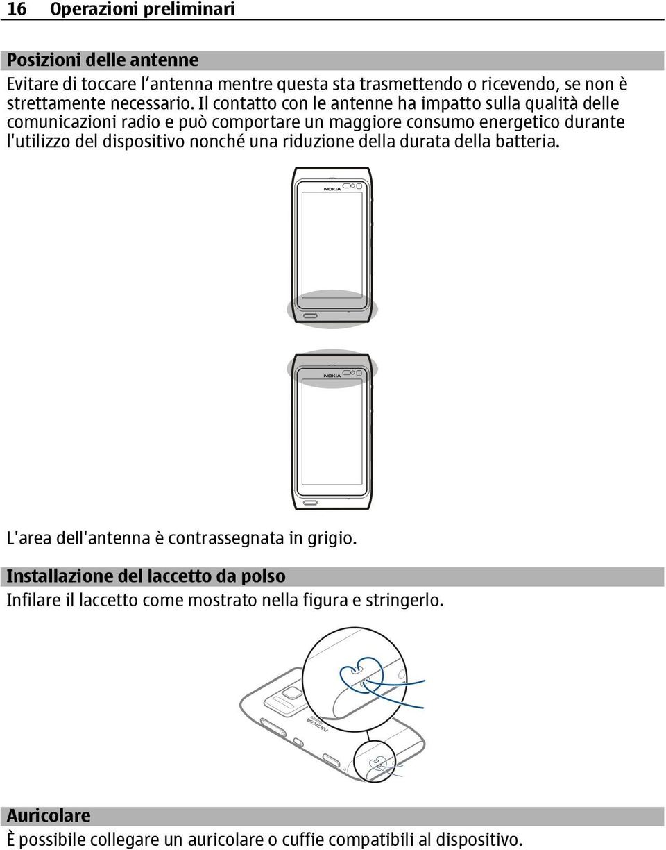 Il contatto con le antenne ha impatto sulla qualità delle comunicazioni radio e può comportare un maggiore consumo energetico durante l'utilizzo del