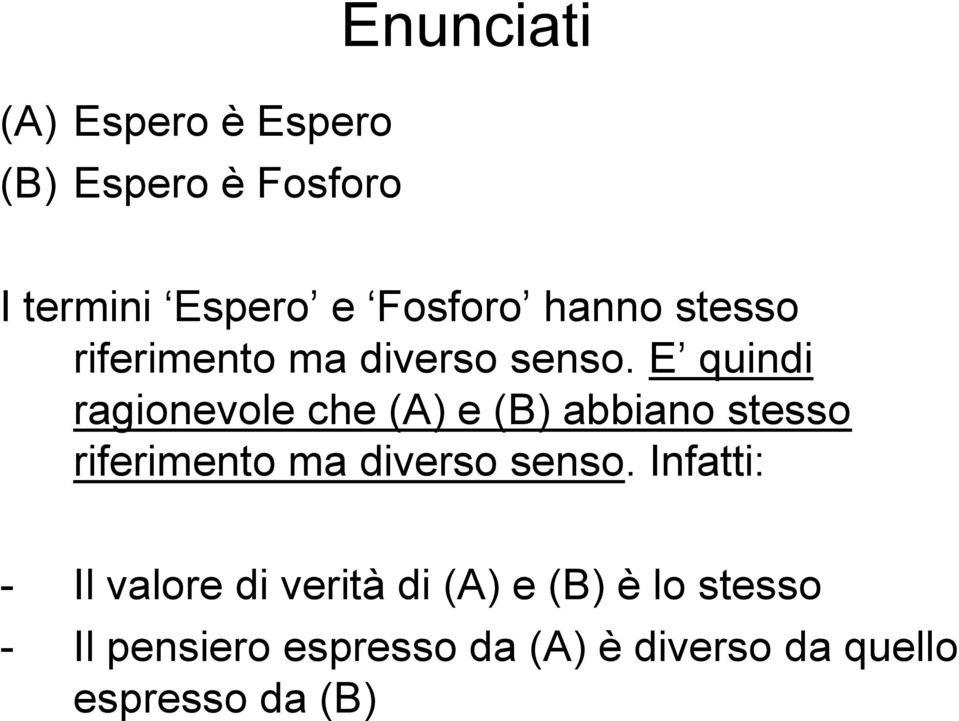 E quindi ragionevole che (A) e (B) abbiano stesso riferimento ma diverso senso.