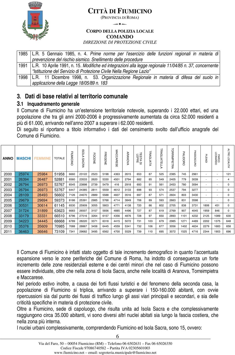 Organizzazione Regionale in materia di difesa del suolo in applicazione della Legge 18/05/89 n. 183 3. Dati di base relativi al territorio comunale 3.