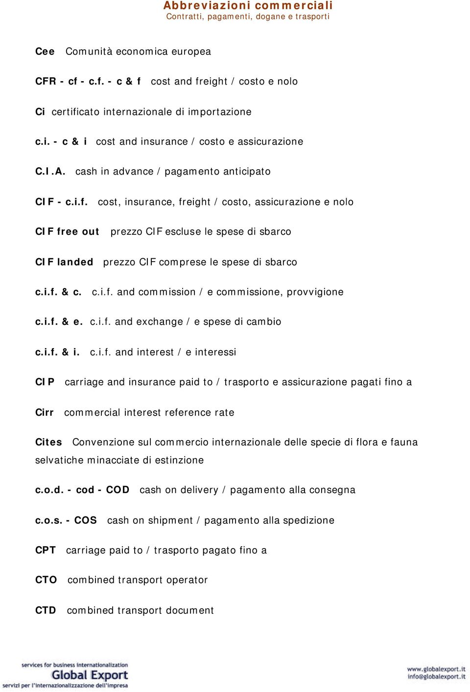 cost, insurance, freight / costo, assicurazione e nolo CIF free out prezzo CIF escluse le spese di sbarco CIF landed prezzo CIF comprese le spese di sbarco c.i.f. & c. c.i.f. and commission / e commissione, provvigione c.