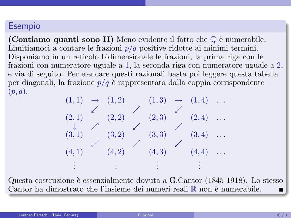 Per elencare questi razionali basta poi leggere questa tabella per diagonali, la frazione p/q è rappresentata dalla coppia corrispondente (p,q). (1,1) (1,2) (1,3) (1,4).