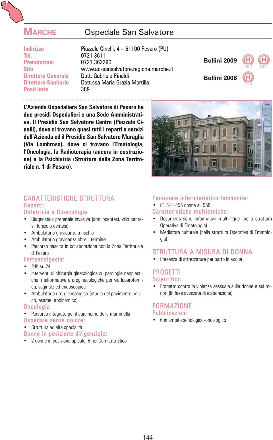 ssa Maria Grazia Mortilla Posti letto 389 Bollini 2009 Bollini 2008 L Azienda Ospedaliera San Salvatore di Pesaro ha due presidi Ospedalieri e una Sede Amministrativa.