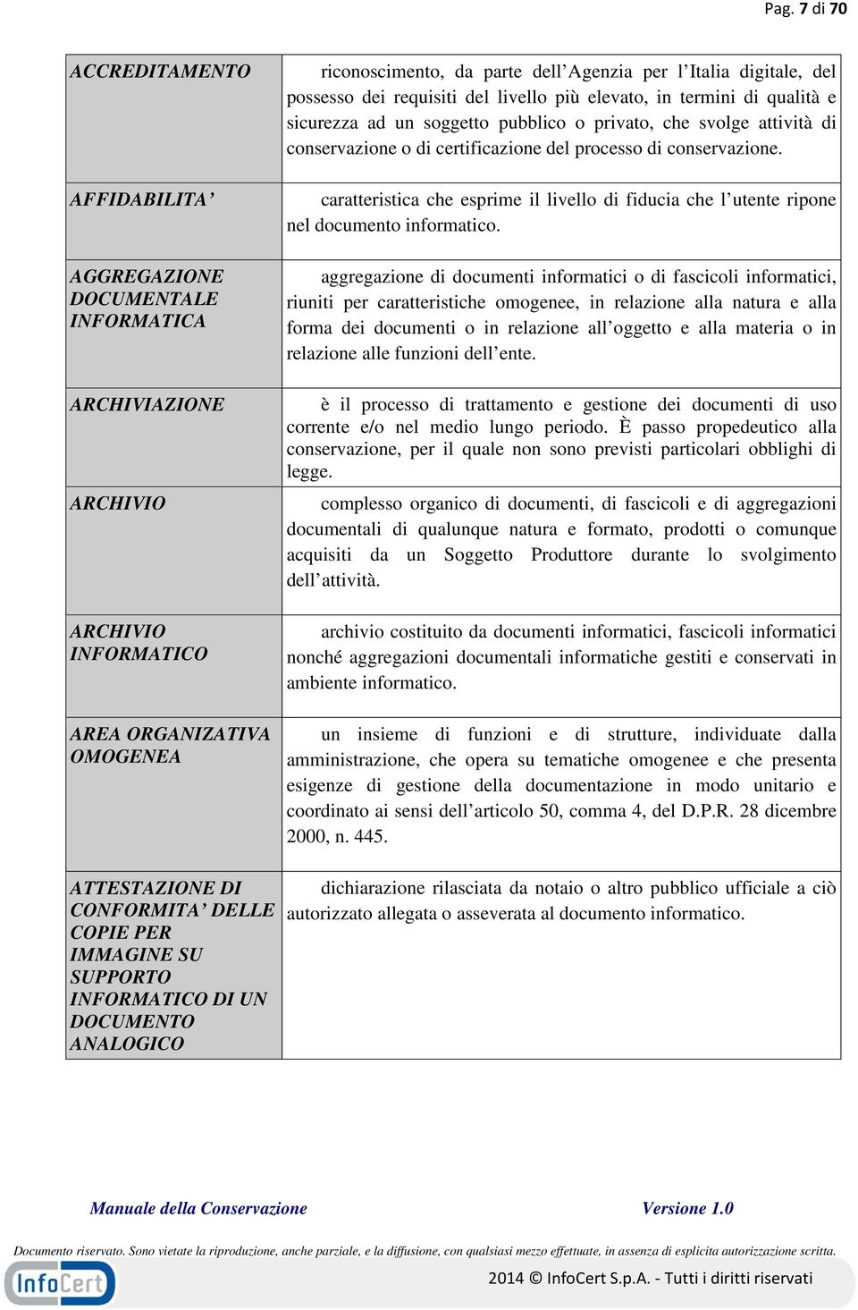 processo di conservazione. caratteristica che esprime il livello di fiducia che l utente ripone nel documento informatico.