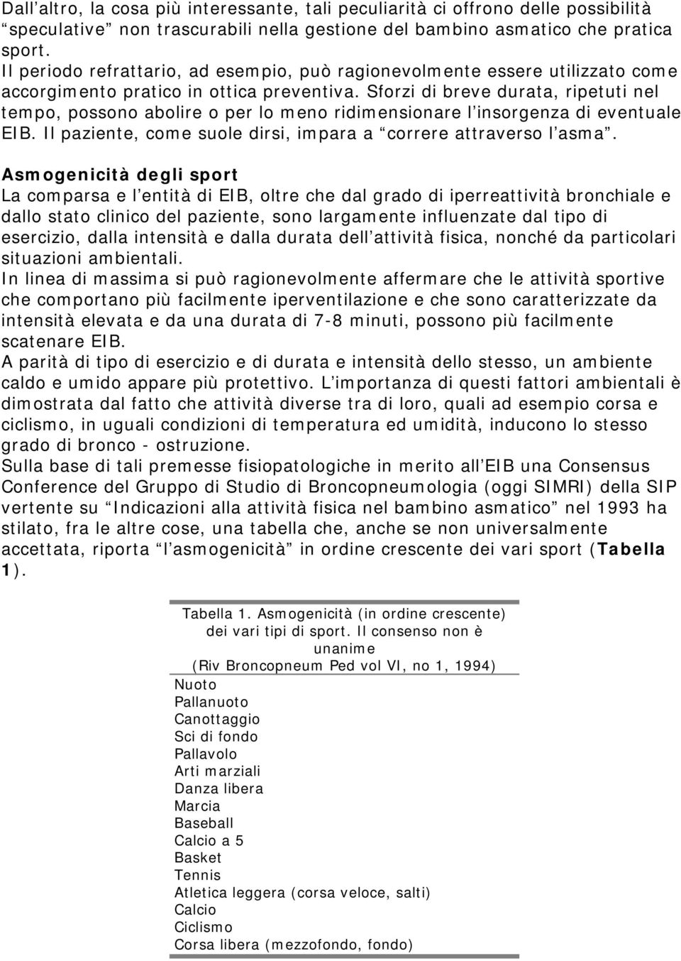 Sforzi di breve durata, ripetuti nel tempo, possono abolire o per lo meno ridimensionare l insorgenza di eventuale EIB. Il paziente, come suole dirsi, impara a correre attraverso l asma.