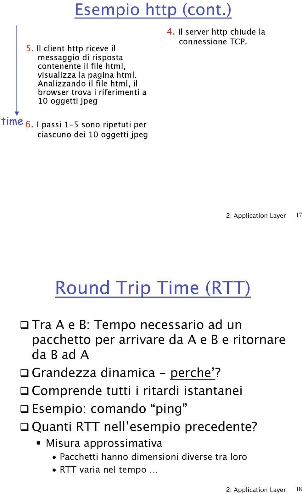 I passi 1-5 sono ripetuti per ciascuno dei 10 oggetti jpeg 2: Application Layer 17 Round Trip Time (RTT)!