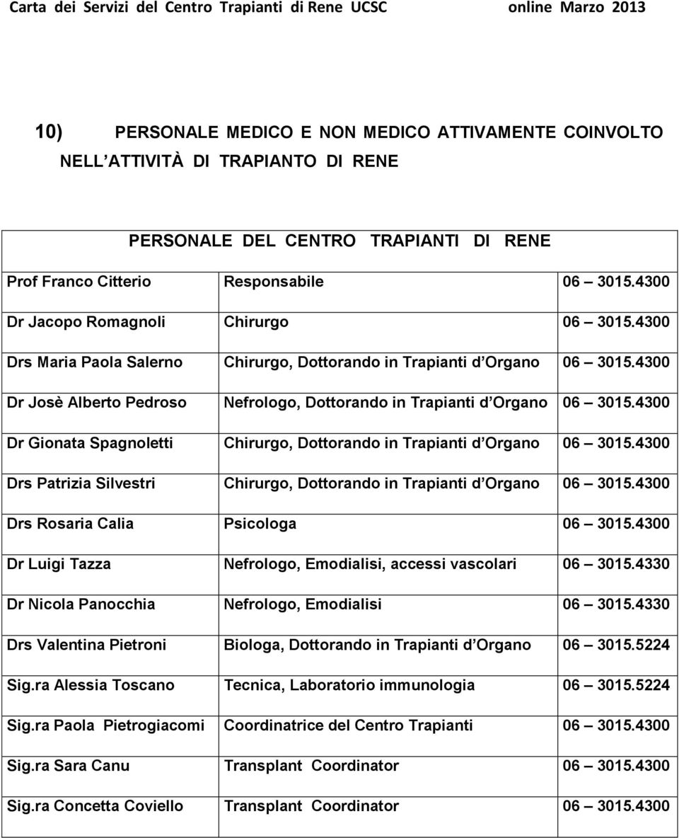 4300 Dr Josè Alberto Pedroso Nefrologo, Dottorando in Trapianti d Organo 06 3015.4300 Dr Gionata Spagnoletti Chirurgo, Dottorando in Trapianti d Organo 06 3015.