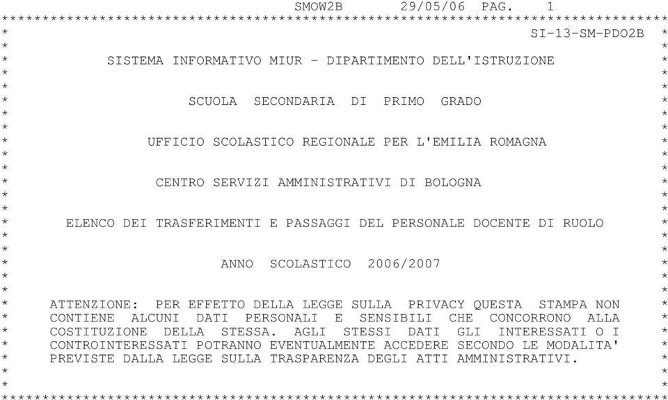 PRIMO GRADO * * * * * * UFFICIO SCOLASTICO REGIONALE PER L'EMILIA ROMAGNA * * * * * * CENTRO SERVIZI AMMINISTRATIVI DI BOLOGNA * * * * * * ELENCO DEI TRASFERIMENTI E PASSAGGI DEL PERSONALE DOCENTE DI