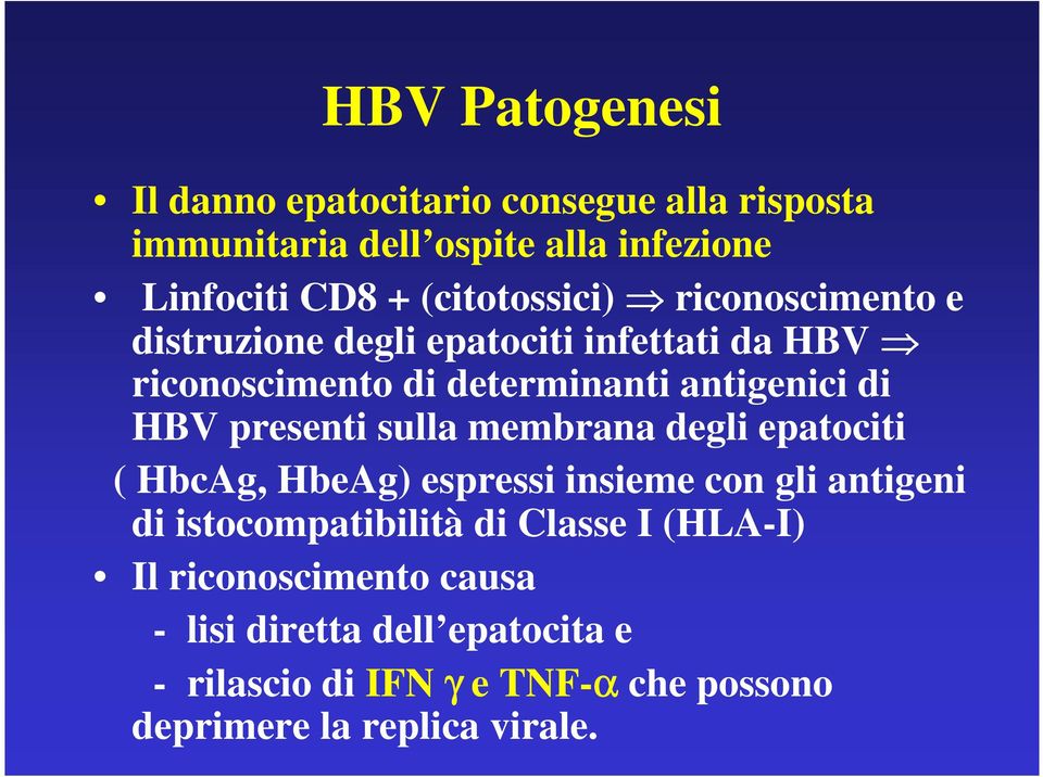 HBV presenti sulla membrana degli epatociti ( HbcAg, HbeAg) espressi insieme con gli antigeni di istocompatibilità di