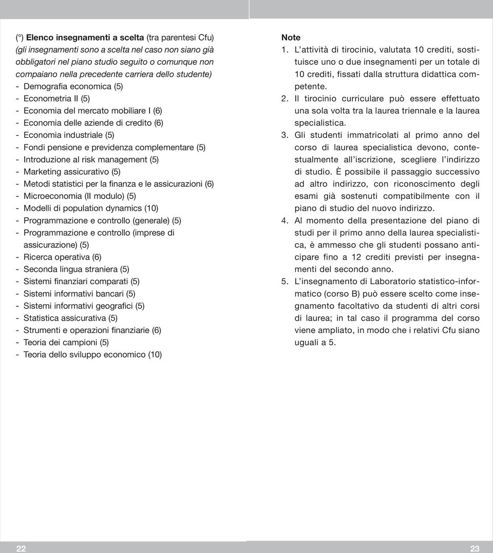 complementare (5) - Introduzione al risk management (5) - Marketing assicurativo (5) - Metodi statistici per la finanza e le assicurazioni (6) - Microeconomia (II modulo) (5) - Modelli di population