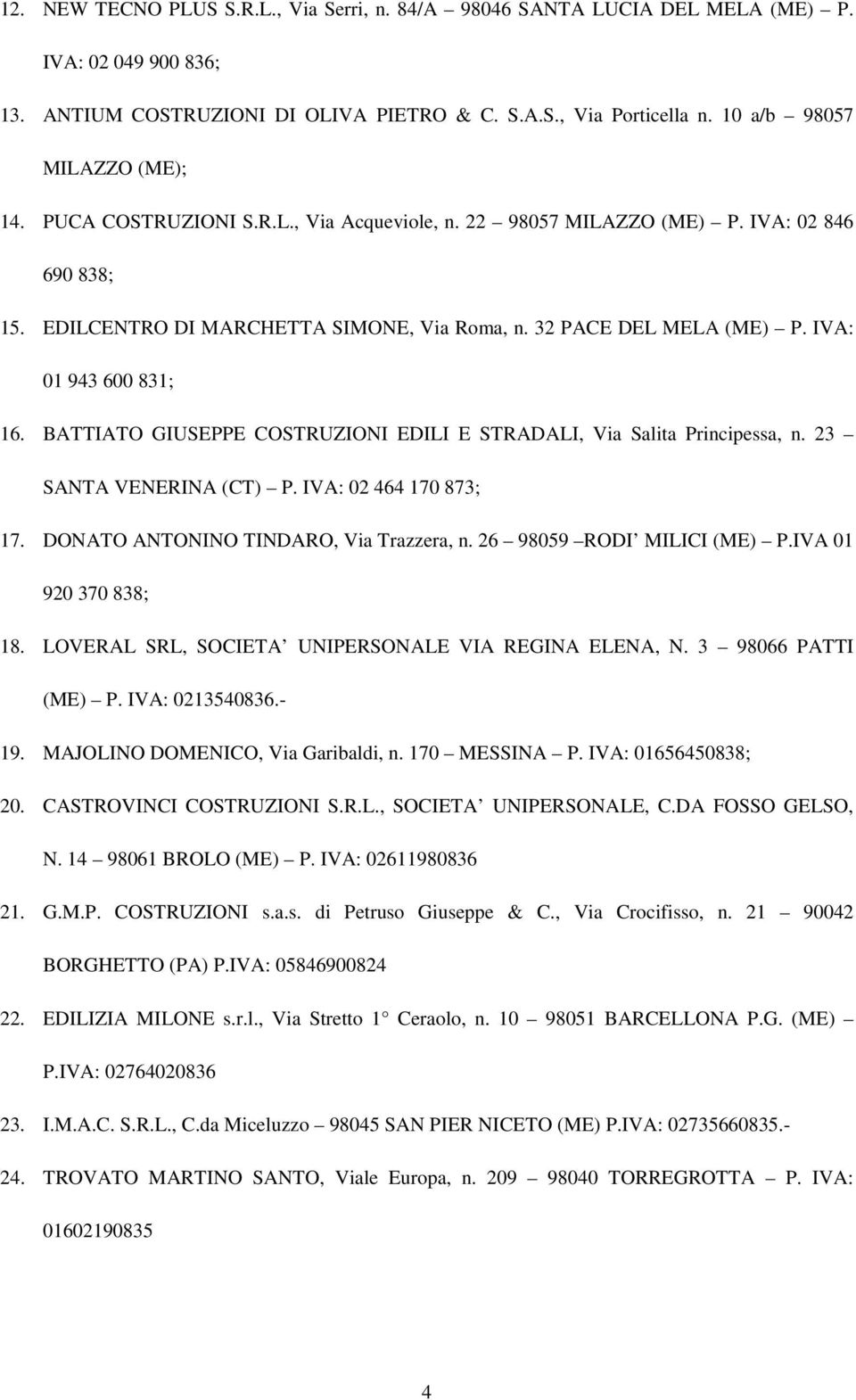 IVA: 01 943 600 831; 16. BATTIATO GIUSEPPE COSTRUZIONI EDILI E STRADALI, Via Salita Principessa, n. 23 SANTA VENERINA (CT) P. IVA: 02 464 170 873; 17. DONATO ANTONINO TINDARO, Via Trazzera, n.