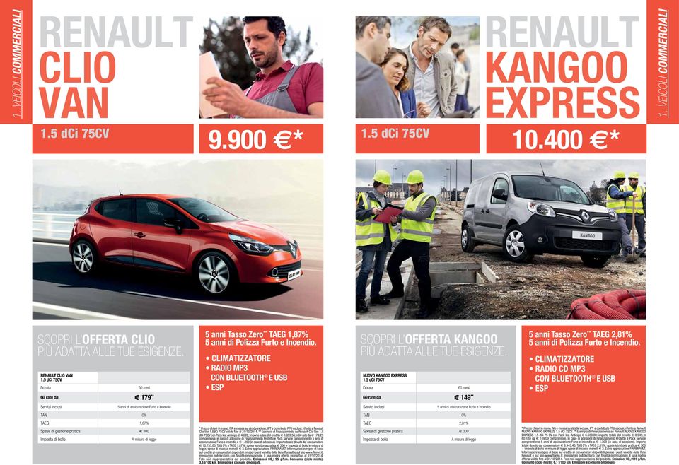 5 dci 75CV 60 rate da 149 ** 5 anni Tasso Zero ** TAEG 2,81% Radio CD MP3 TAEG 1,87% * Prezzo chiavi in mano, IVA e messa su strada incluse, IPT e contributo PFU esclusi, riferito a Renault Clio Van