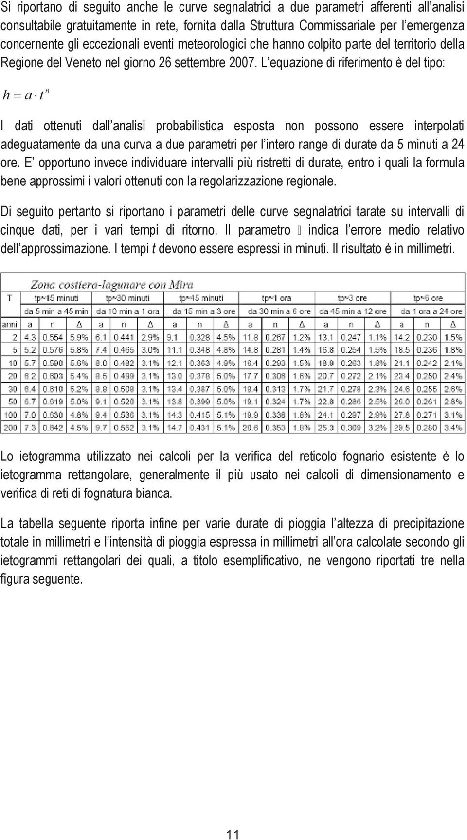 L equazione di riferimento è del tipo: h a t n I dati ottenuti dall analisi probabilistica esposta non possono essere interpolati adeguatamente da una curva a due parametri per l intero range di