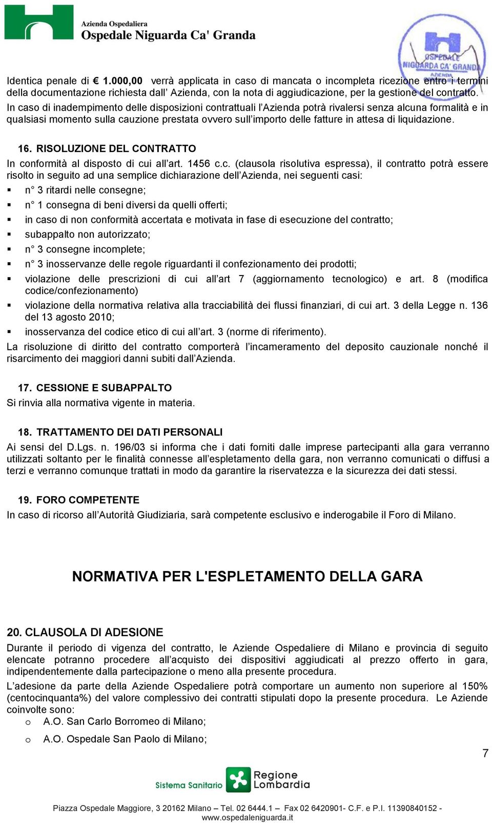 16. RISOLUZIONE DEL CONTRATTO In cn