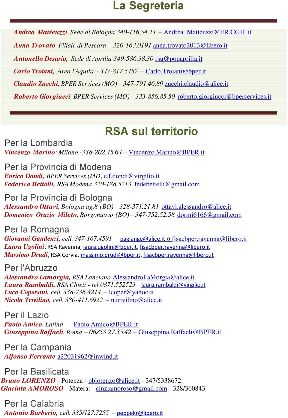 claudio@alice.it Roberto Giorgiucci, BPER Services (MO) 333-856.85.50 roberto.giorgiucci@bperservices.it RSA sul territorio Per la Lombardia Vincenzo Marino; Milano -338-202.45.64 Vincenzo.