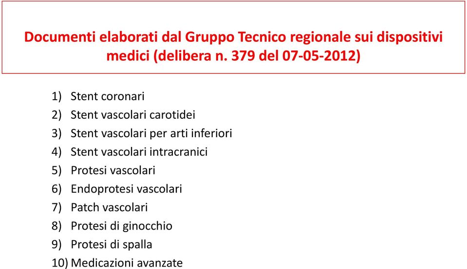 per arti inferiori 4) Stent vascolari intracranici 5) Protesi vascolari 6) Endoprotesi