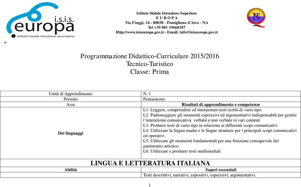 1 Periodo Pentamestre Asse Risultati di apprendimento e competenze L1. Leggere, comprendere ed interpretare testi scritti di vario tipo. L2.