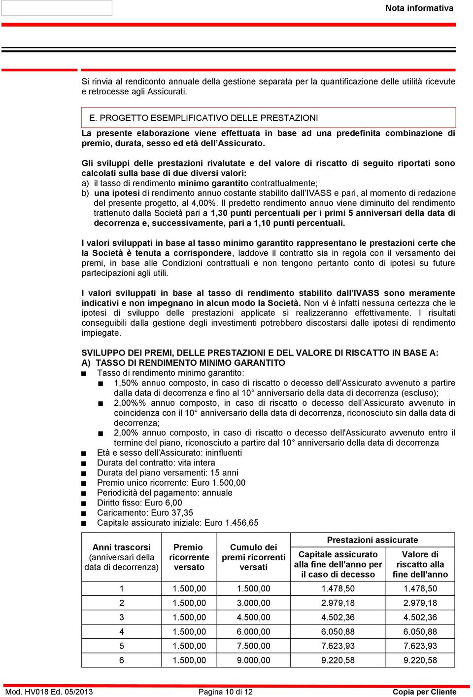 Gli sviluppi delle prestazioni rivalutate e del valore di riscatto di seguito riportati sono calcolati sulla base di due diversi valori: a) il tasso di rendimento minimo garantito contrattualmente;