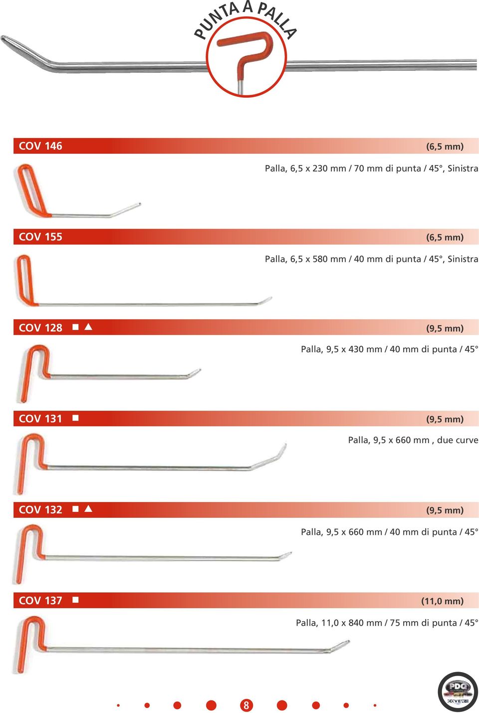 di punta / 45 COV 131 (9,5 mm) Palla, 9,5 x 660 mm, due curve COV 132 (9,5 mm) Palla, 9,5