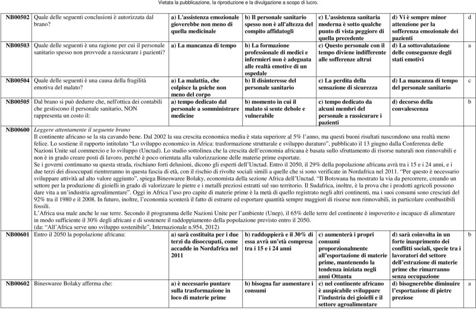 NB00505 Dl rno si può eurre he, nell'otti ei ontili he gestisono il personle snitrio, NON rppresent un osto il: ) L'ssistenz emozionle gioveree non meno i quell meiinle ) Il personle snitrio spesso