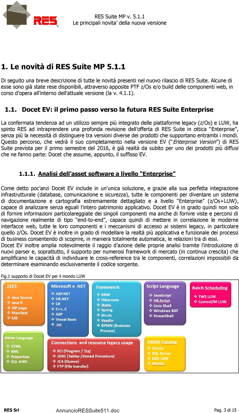 1). 1.1. Docet EV: il primo passo verso la futura RES Suite Enterprise La confermata tendenza ad un utilizzo sempre più integrato delle piattaforme legacy (z/os) e LUW, ha spinto RES ad intraprendere