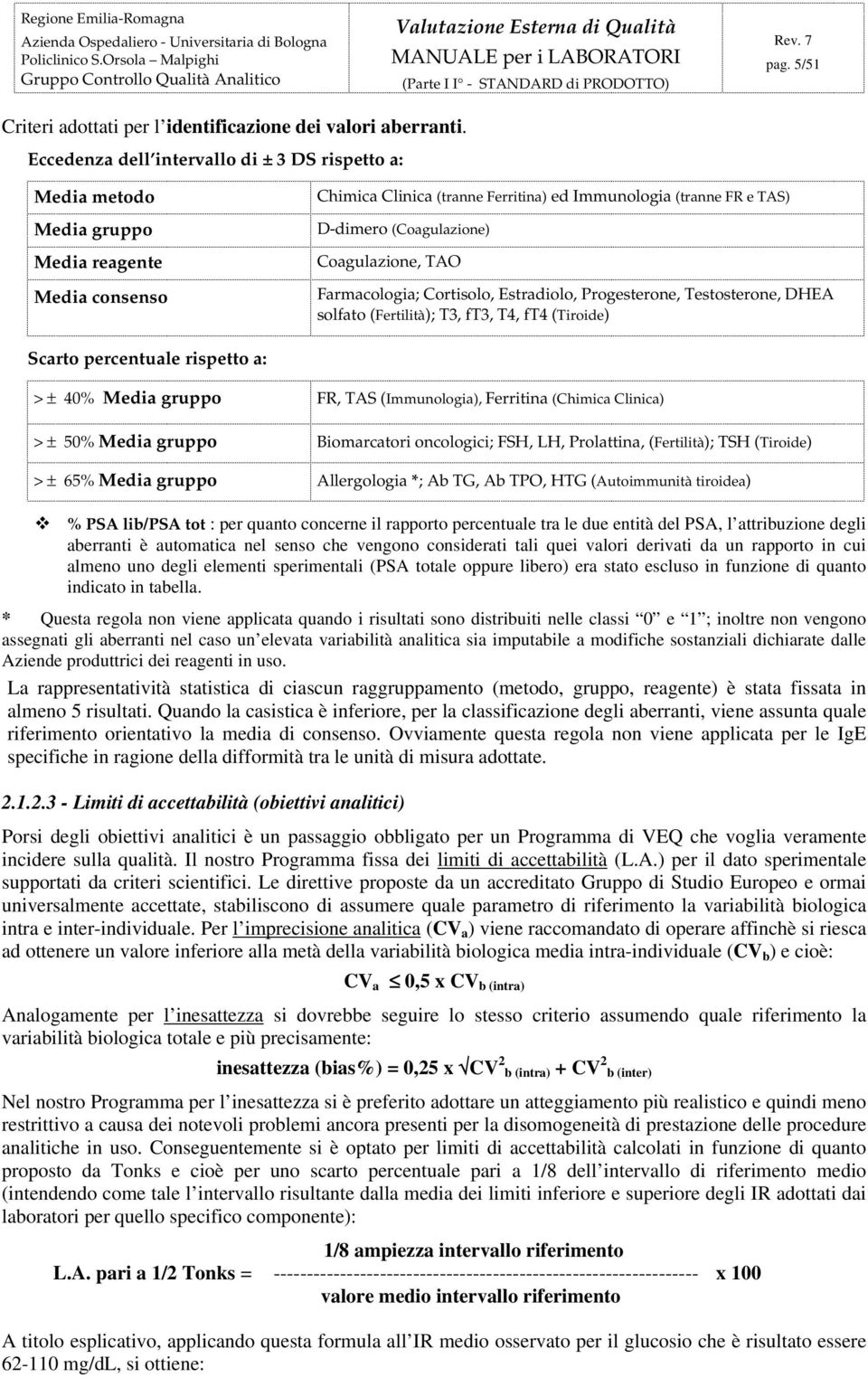 Coagulazione, TAO Farmacologia; Cortisolo, Estradiolo, Progesterone, Testosterone, DHEA solfato (Fertilità); T3, ft3, T4, ft4 (Tiroide) Scarto percentuale rispetto a: > ± 40% Media gruppo FR, TAS