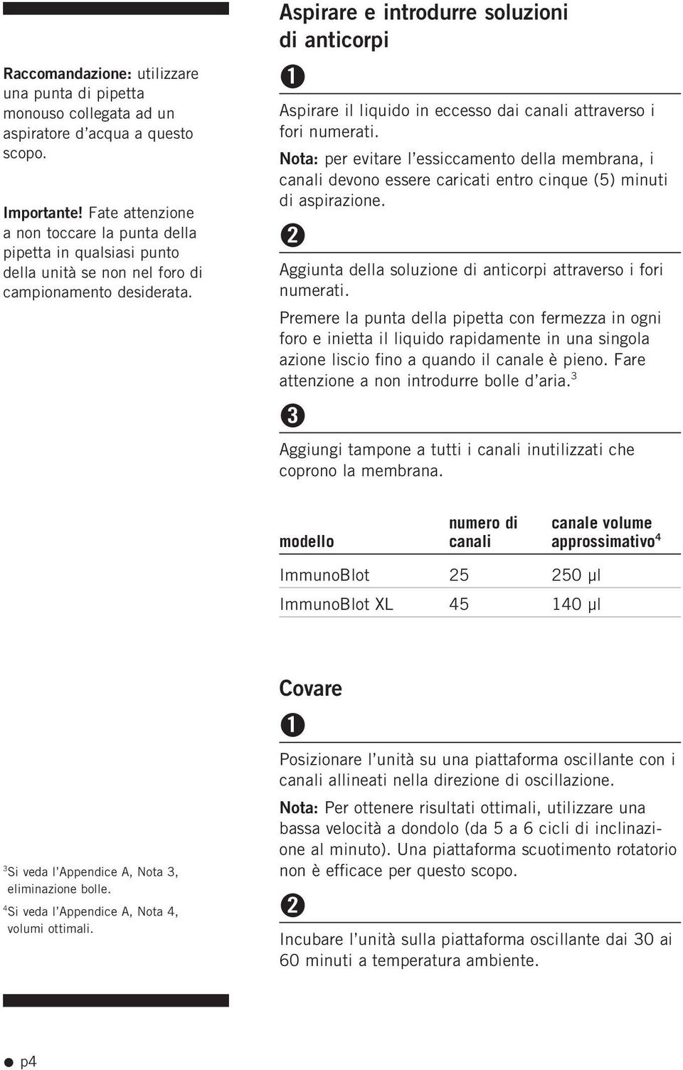 Aspirare e introdurre soluzioni di anticorpi 1 Aspirare il liquido in eccesso dai canali attraverso i fori numerati.