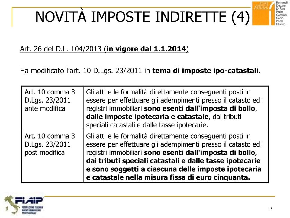 23/2011 post modifica Gli atti e le formalità direttamente conseguenti posti in essere per effettuare gli adempimenti presso il catasto ed i registri immobiliari sono esenti dall'imposta di bollo,