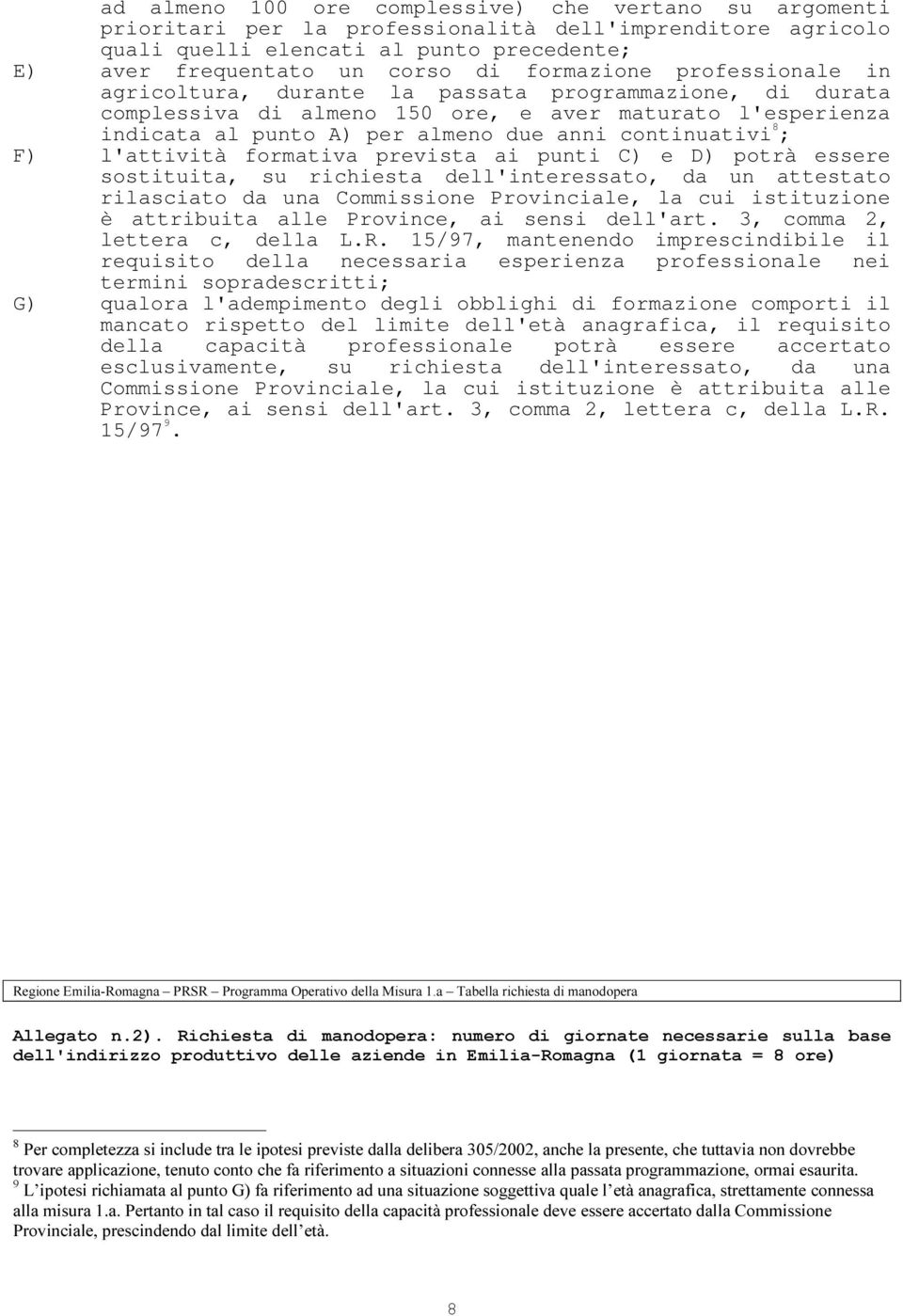 8 ; F) l'attività formativa prevista ai punti C) e D) potrà essere sostituita, su richiesta dell'interessato, da un attestato rilasciato da una Commissione Provinciale, la cui istituzione è