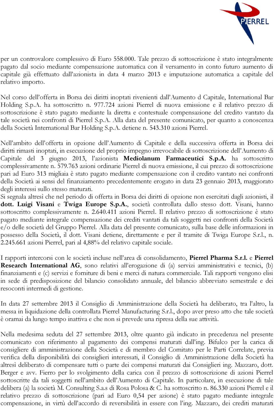 marzo 2013 e imputazione automatica a capitale del relativo importo. Nel corso dell offerta in Borsa dei diritti inoptati rivenienti dall Aumento d Capitale, International Bar Holding S.p.A. ha sottoscritto n.