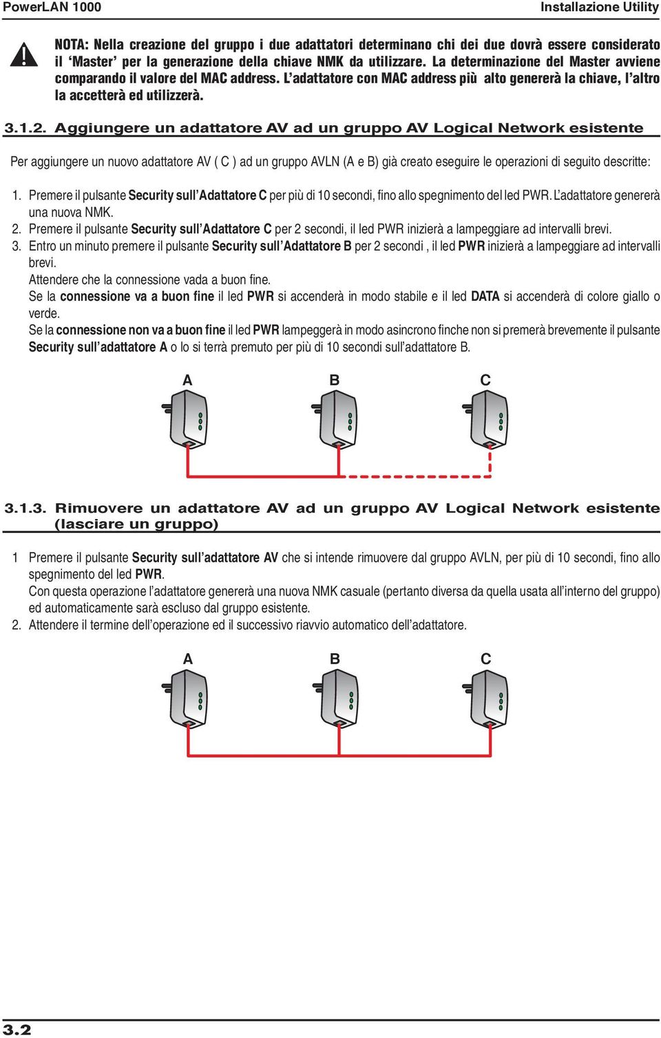 Aggiungere un adattatore AV ad un gruppo AV Logical Network esistente Per aggiungere un nuovo adattatore AV ( C ) ad un gruppo AVLN (A e B) già creato eseguire le operazioni di seguito descritte: 1.