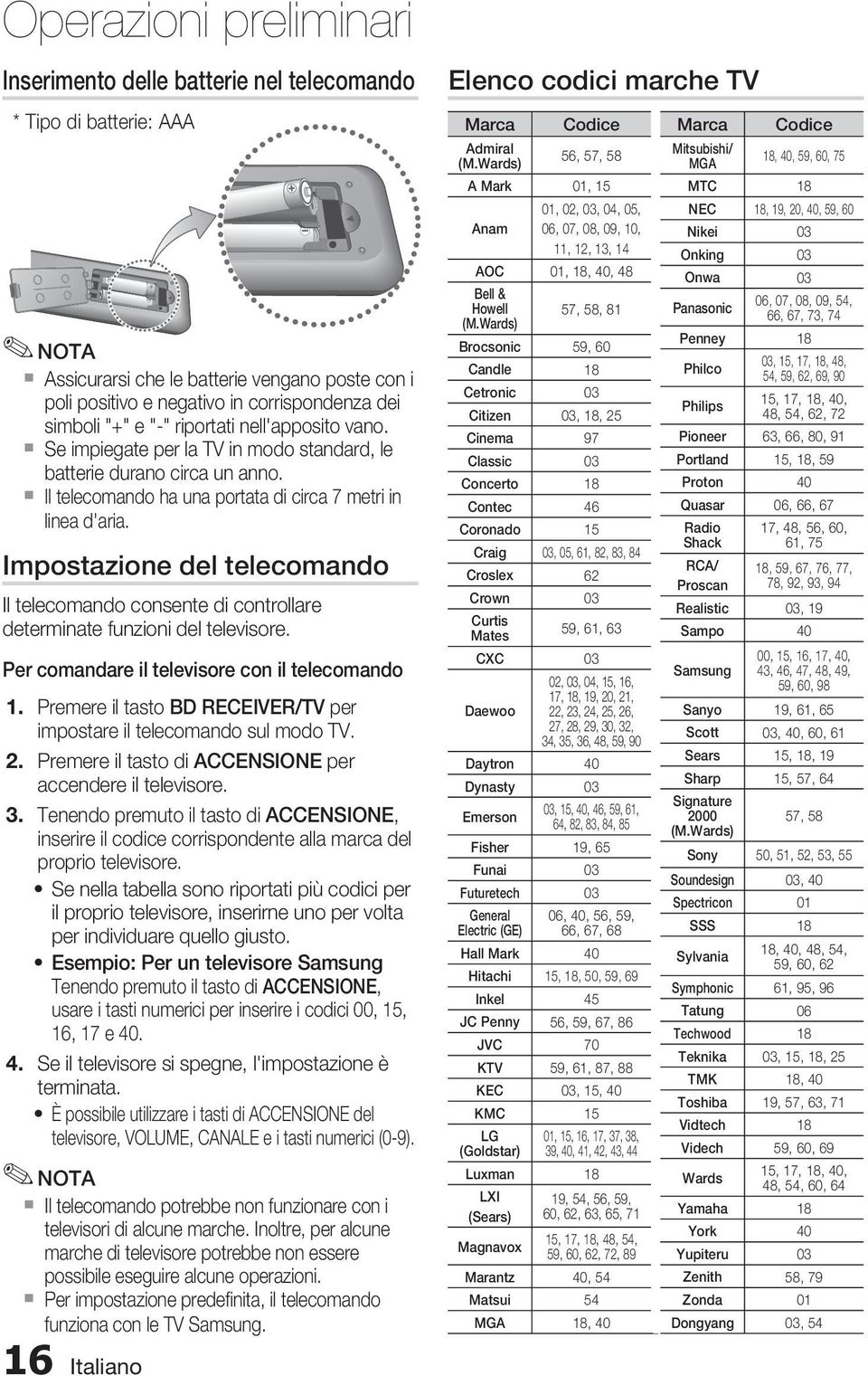 Il telecomando ha una portata di circa 7 metri in linea d'aria. Impostazione del telecomando Il telecomando consente di controllare determinate funzioni del televisore.