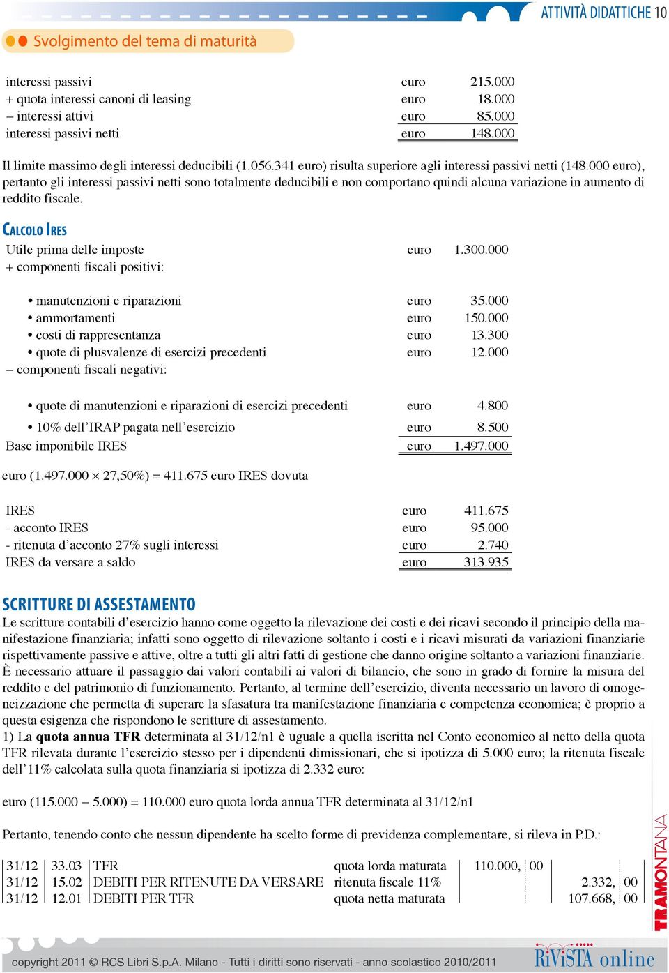 0 euro), pertanto gli interessi passivi netti sono totalmente deducibili e non comportano quindi alcuna variazione in aumento di reddito fiscale. CalColo Ires Utile prima delle imposte euro 1.3.